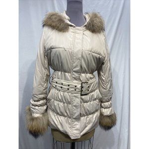 fabrick beige jacket w/ raccon hood and cuff trim (62177)